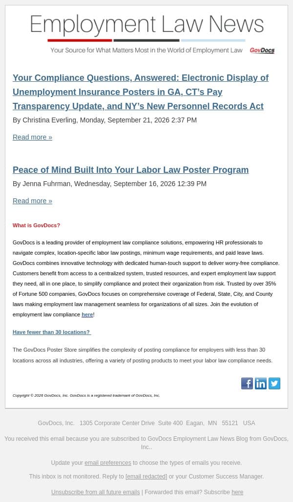 Your Compliance Questions, Answered: Electronic Display of Unemployment Insurance Posters in GA, CT’s Pay Transparency Update, and NY’s New Personnel Records Act email from GovDocs screenshot