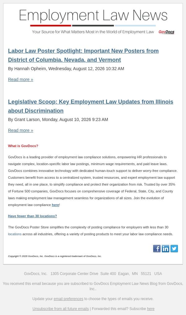 Labor Law Poster Spotlight: Important New Posters from District of Columbia, Nevada, and Vermont email from GovDocs screenshot