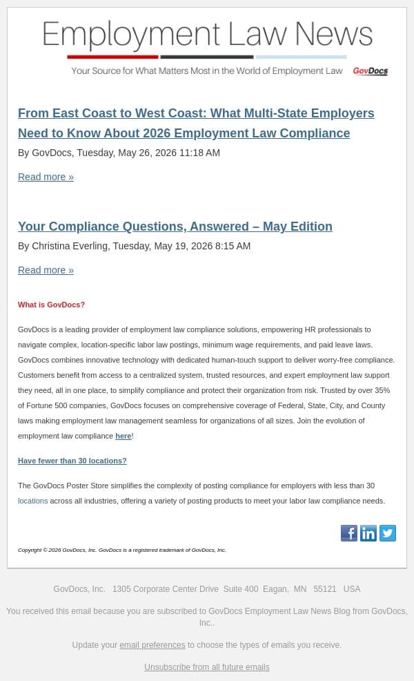 From East Coast to West Coast: What Multi-State Employers Need to Know About 2026 Employment Law Compliance email from GovDocs screenshot