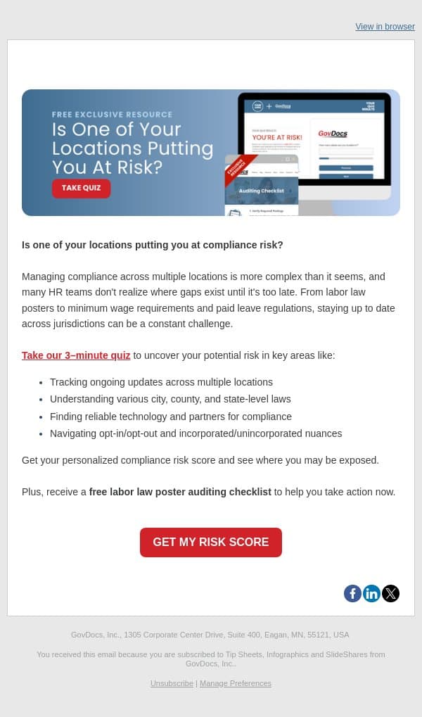 Is one of your locations putting you at compliance risk? email from GovDocs screenshot