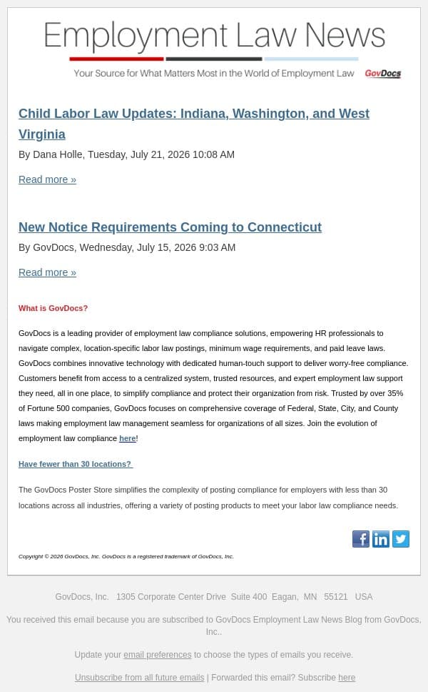Child Labor Law Updates: Indiana, Washington, and West Virginia email from GovDocs screenshot