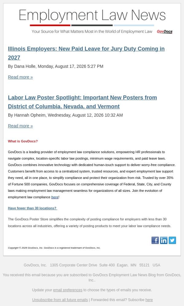 Illinois Employers: New Paid Leave for Jury Duty Coming in 2027 email from GovDocs screenshot