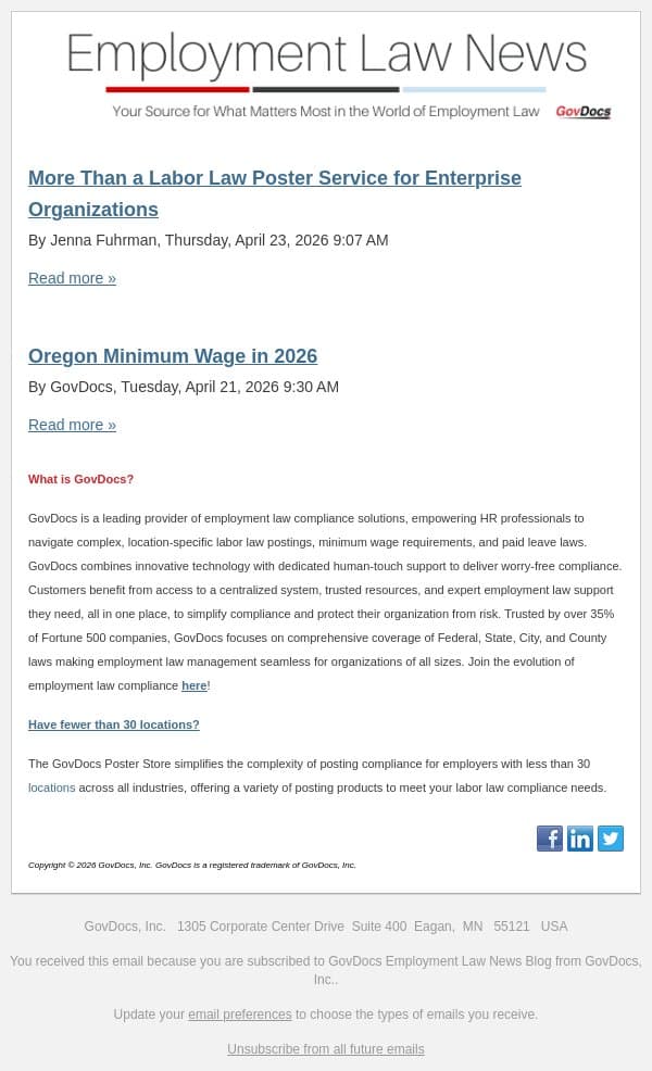 More Than a Labor Law Poster Service for Enterprise Organizations email from GovDocs screenshot