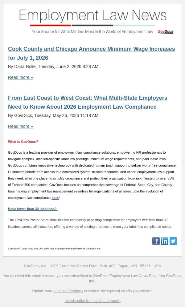 Cook County and Chicago Announce Minimum Wage Increases for July 1, 2026 email from GovDocs screenshot