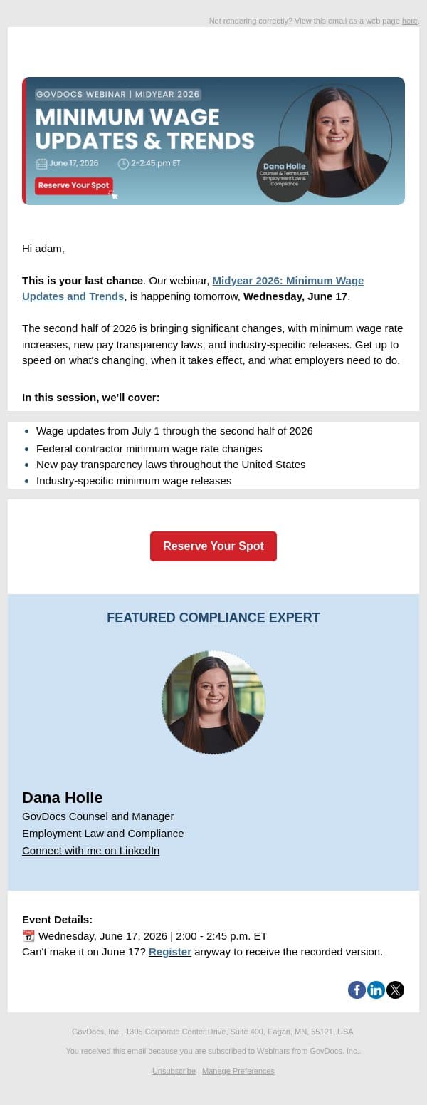 One Day Away! 2026 Minimum Wage Updates & Trends Webinar email from GovDocs screenshot