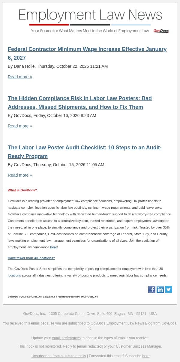 Federal Contractor Minimum Wage Increase Effective January 6, 2027 email from GovDocs screenshot