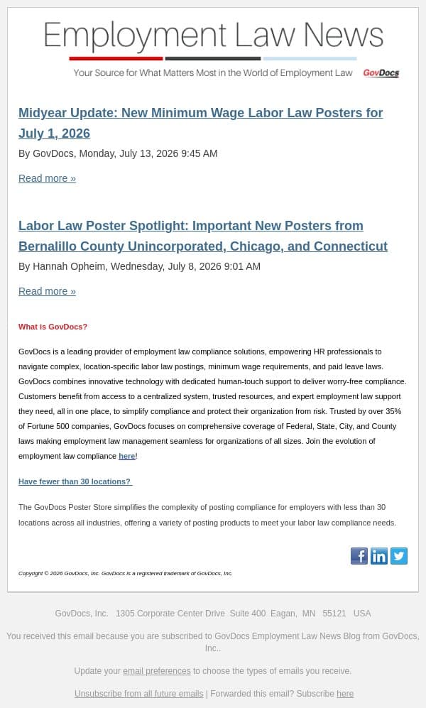 Midyear Update: New Minimum Wage Labor Law Posters for July 1, 2026 email from GovDocs screenshot