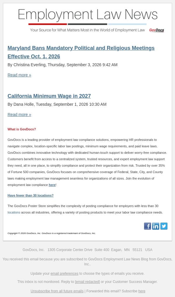 Maryland Bans Mandatory Political and Religious Meetings Effective Oct. 1, 2026 email from GovDocs screenshot
