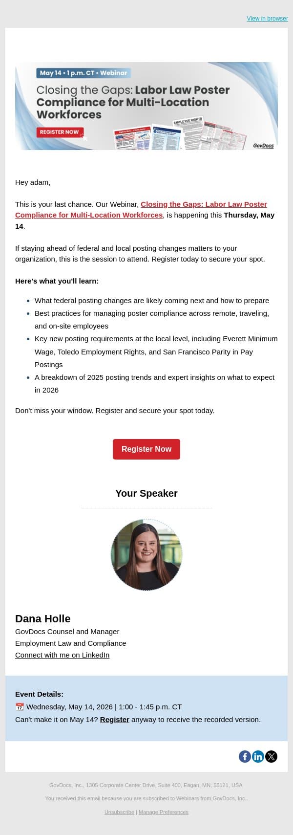 One Day Away! Labor Law Poster Compliance Webinar email from GovDocs screenshot