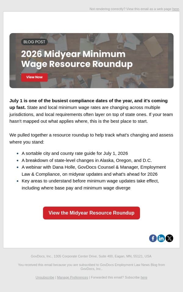 July 1 Minimum Wage Changes: What HR Teams Need to Know email from GovDocs screenshot