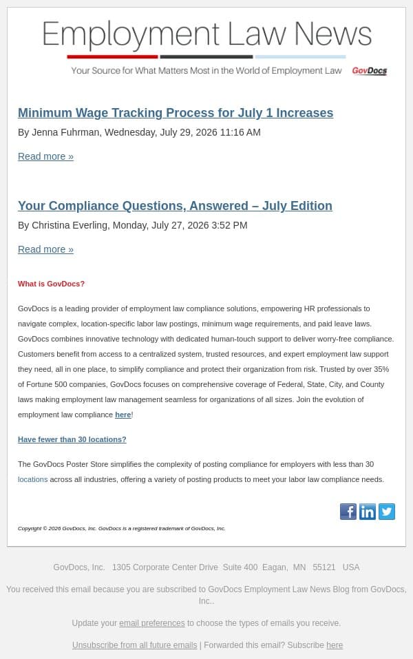 Minimum Wage Tracking Process for July 1 Increases email from GovDocs screenshot