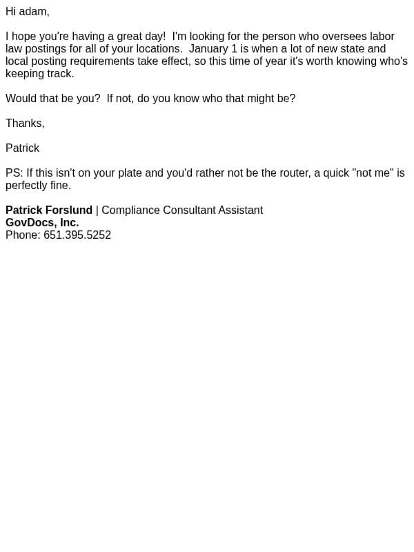 Right contact for labor law posting compliance? email from GovDocs screenshot