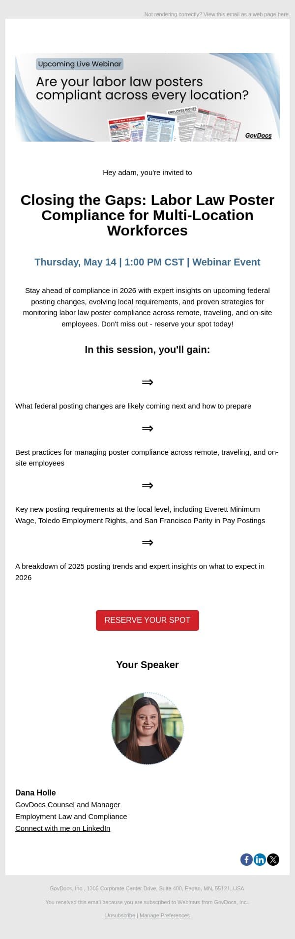 [Reserve Your Spot] Labor Law Poster Compliance Webinar email from GovDocs screenshot
