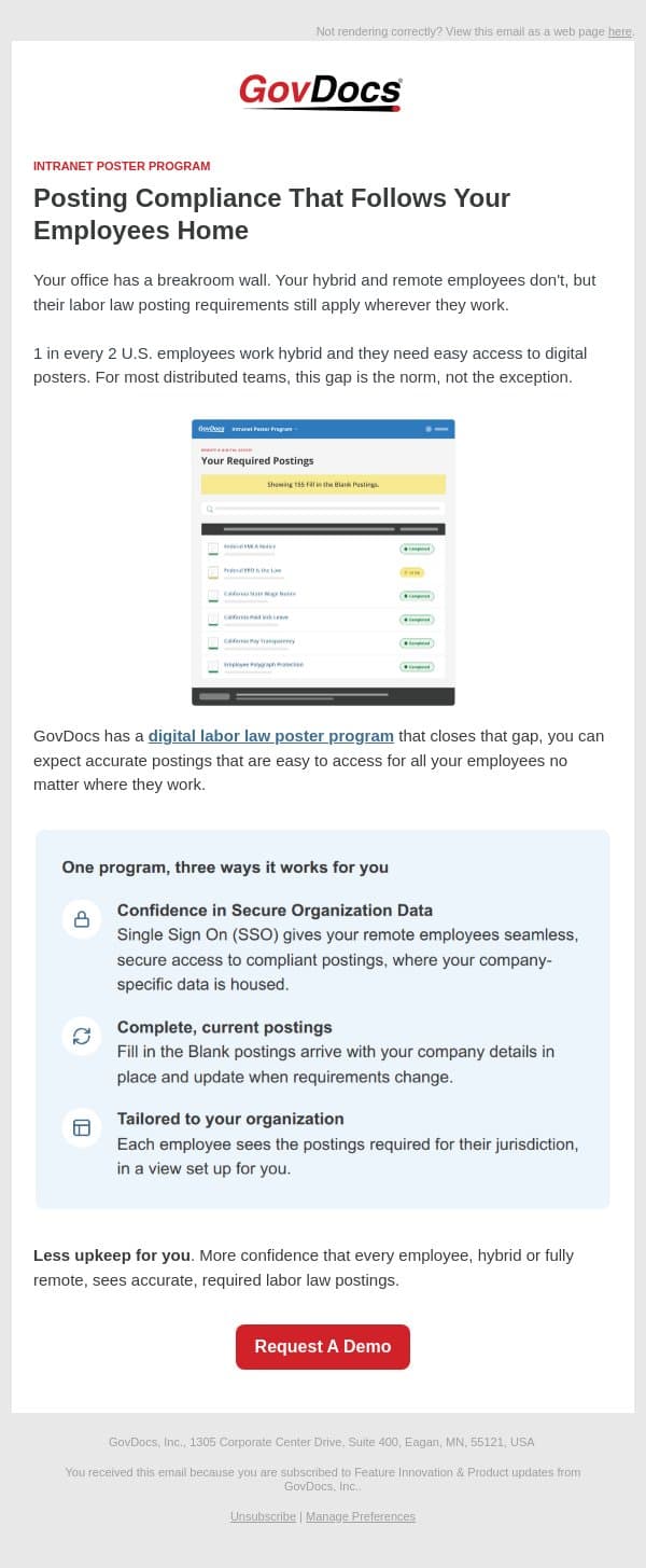 Your hybrid team still needs required labor law postings email from GovDocs screenshot