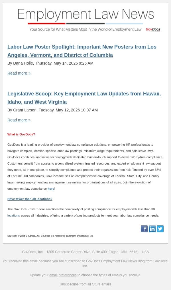 Labor Law Poster Spotlight: Important New Posters from Los Angeles, Vermont, and District of Columbia email from GovDocs screenshot