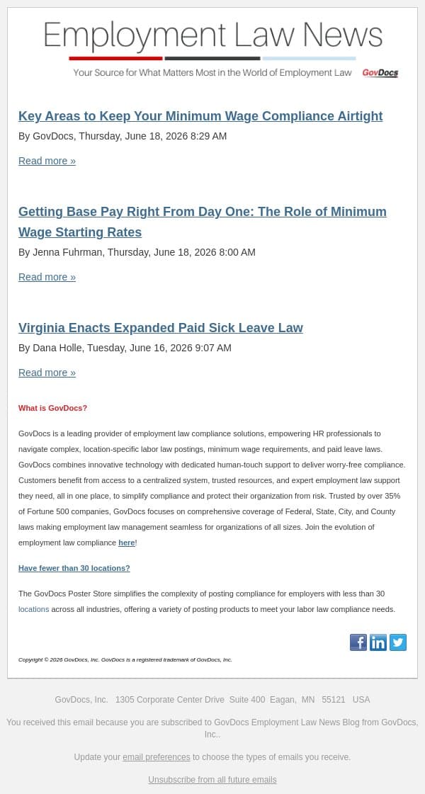 Key Areas to Keep Your Minimum Wage Compliance Airtight email from GovDocs screenshot