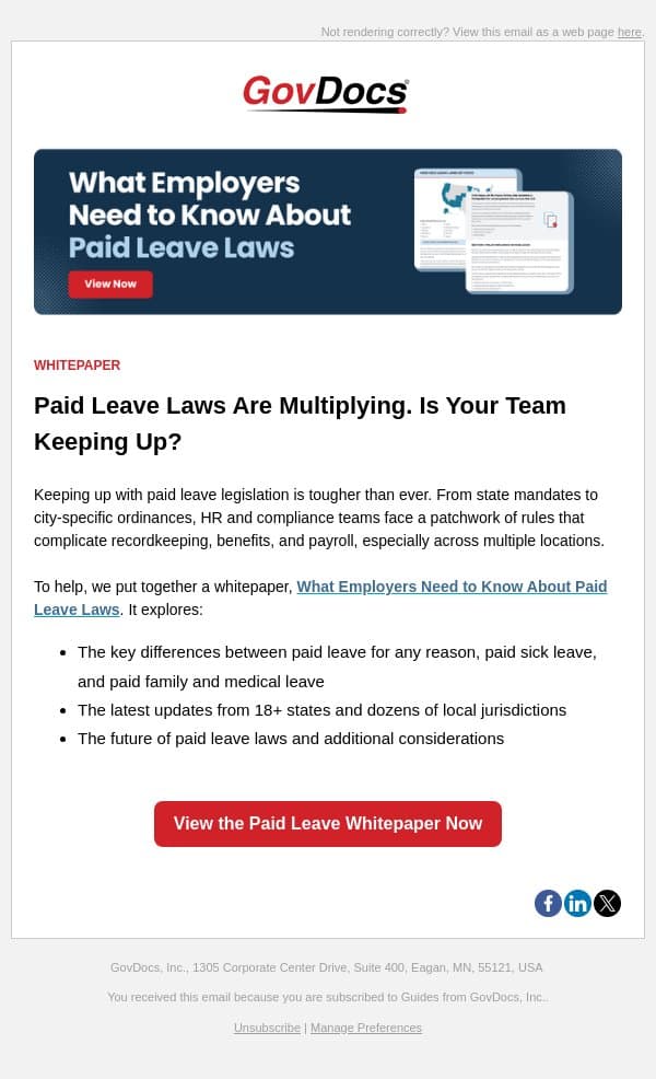 Paid Leave Laws Are Multiplying. Is Your Team Keeping Up? email from GovDocs screenshot