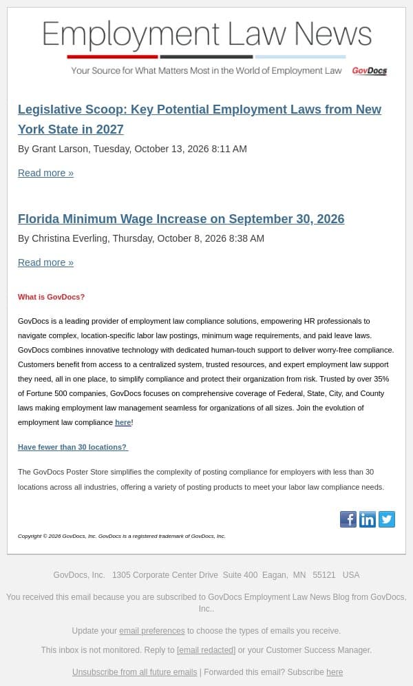Legislative Scoop: Key Potential Employment Laws from New York State in 2027 email from GovDocs screenshot