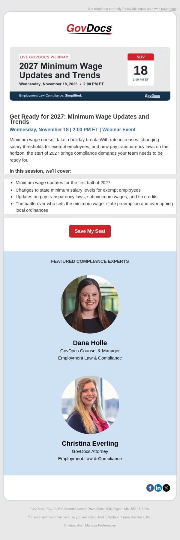 [Save Your Seat] Minimum Wage Updates & Trends Webinar email from GovDocs screenshot