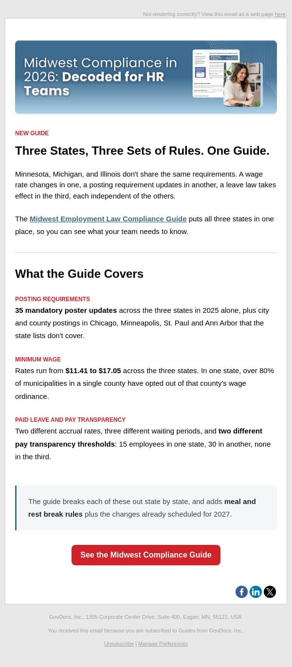 New Midwest Compliance Guide: MN, MI, IL email from GovDocs screenshot