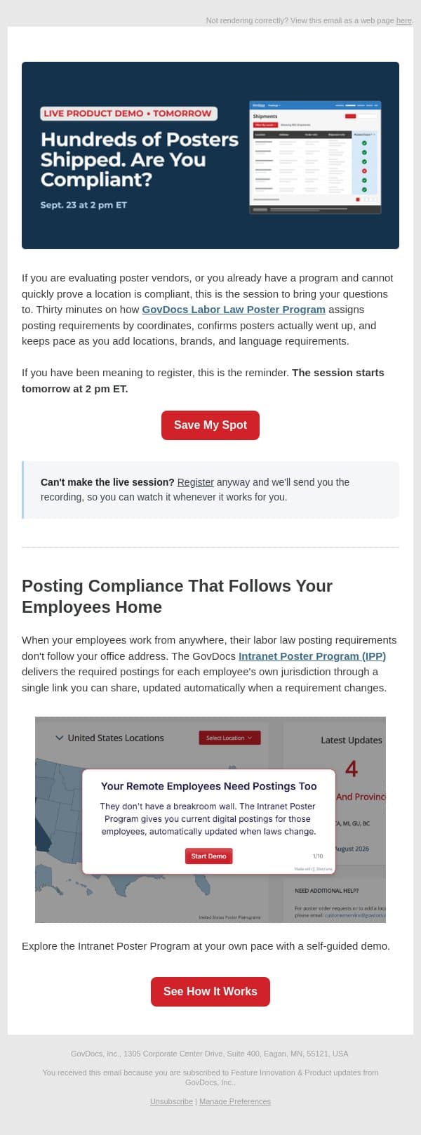 Last Call: Live Labor Law Poster Program Demo email from GovDocs screenshot