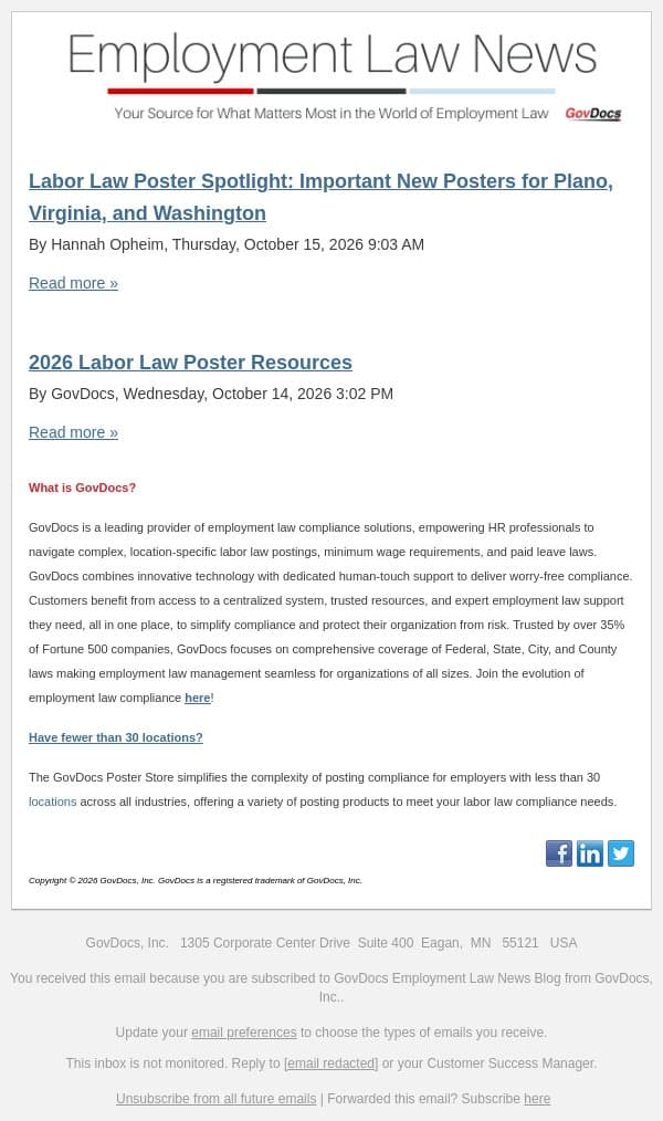 Labor Law Poster Spotlight: Important New Posters for Plano, Virginia, and Washington email from GovDocs screenshot