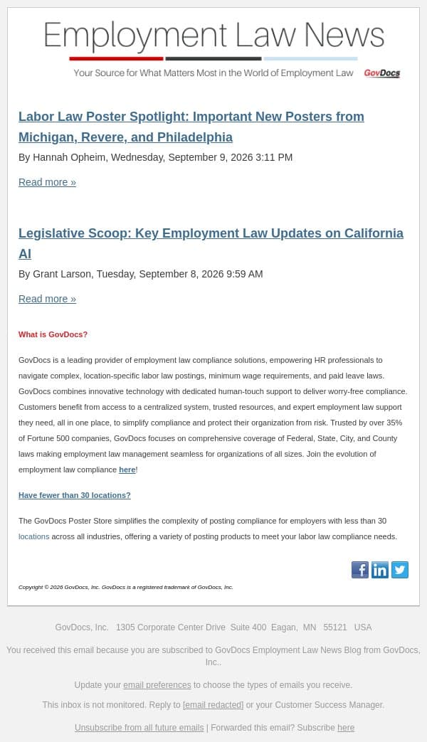 Labor Law Poster Spotlight: Important New Posters from Michigan, Revere, and Philadelphia email from GovDocs screenshot