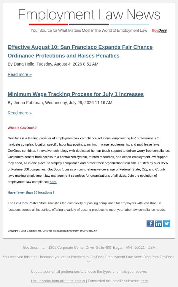 Effective August 10: San Francisco Expands Fair Chance Ordinance Protections and Raises Penalties email from GovDocs screenshot