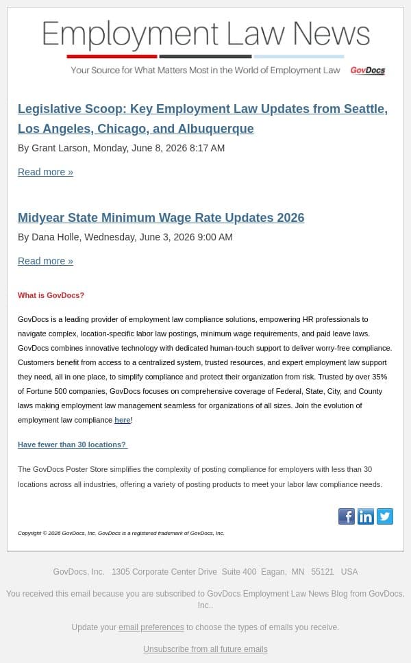 Legislative Scoop: Key Employment Law Updates from Seattle, Los Angeles, Chicago, and Albuquerque email from GovDocs screenshot