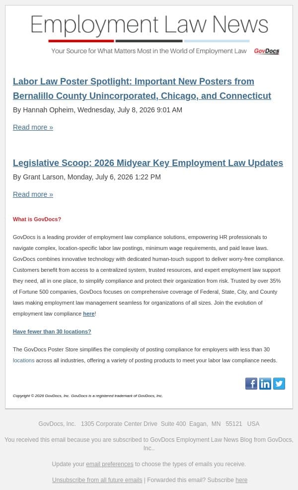 Labor Law Poster Spotlight: Important New Posters from Bernalillo County Unincorporated, Chicago, and Connecticut email from GovDocs screenshot