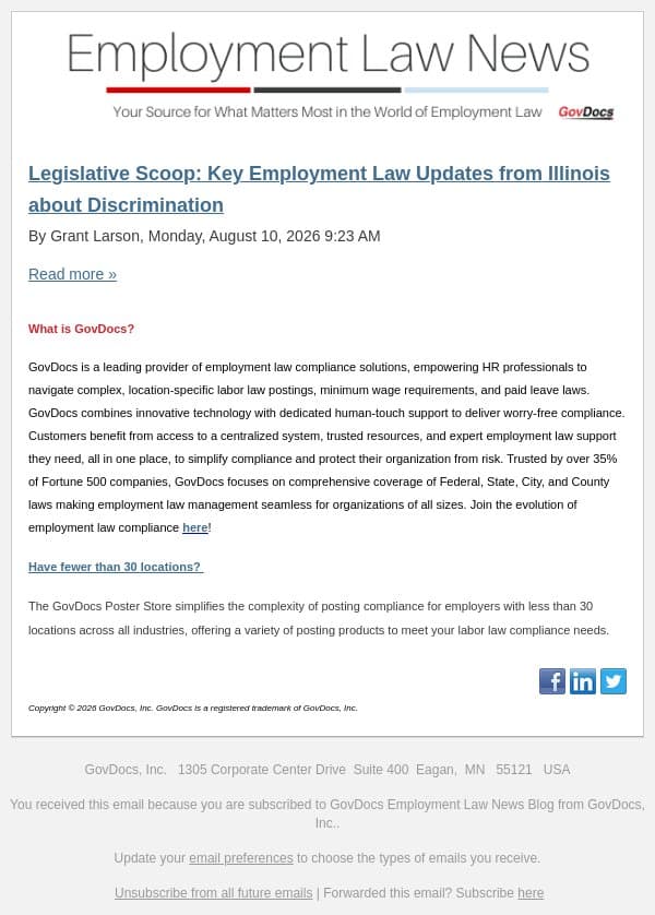 Legislative Scoop: Key Employment Law Updates from Illinois about Discrimination email from GovDocs screenshot
