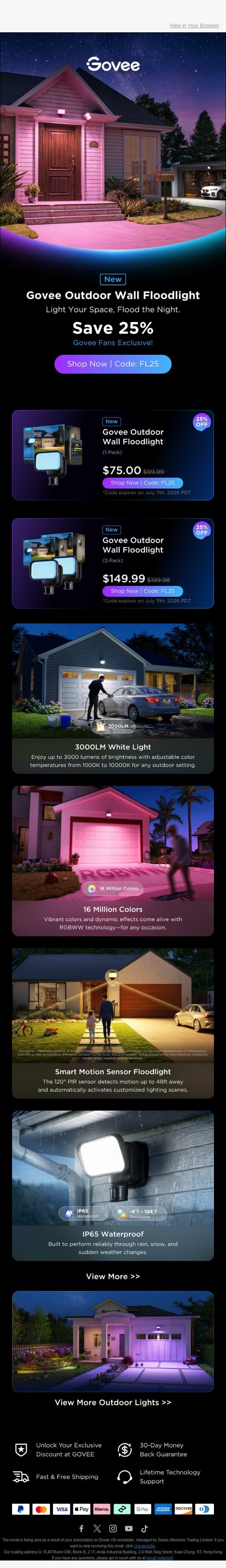 New 3000-Lumen Govee Outdoor Wall Floodlight | Exclusive 25% OFF email from Govee screenshot