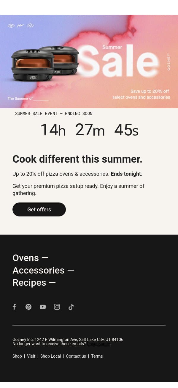 Last chance. Summer Sale Event ends tonight. email from Gozney screenshot