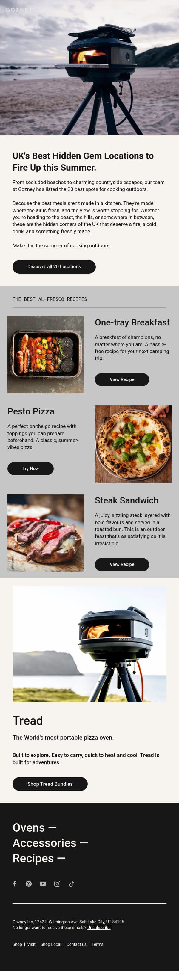 Hidden gems. Open fires. Perfect pizza. email from Gozney screenshot