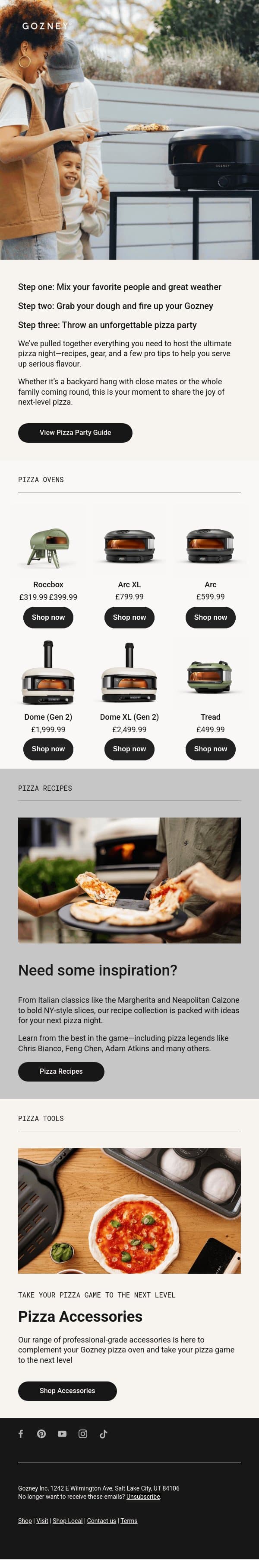 Longer days. Better pizza. email from Gozney screenshot
