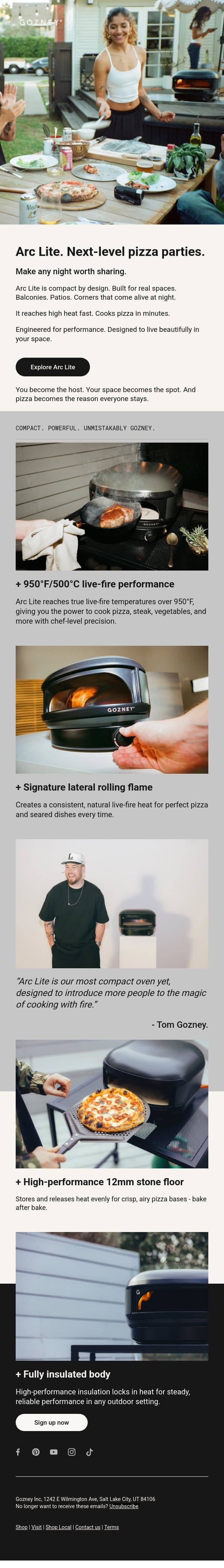 Arc Lite. Next-level pizza parties. email from Gozney screenshot