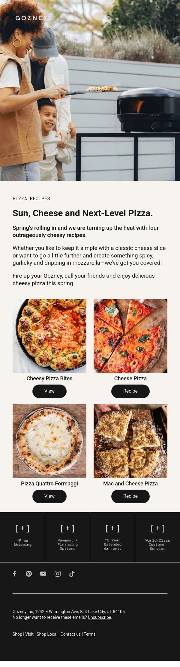 Sun, Cheese and Delicious Pizzas. email from Gozney screenshot