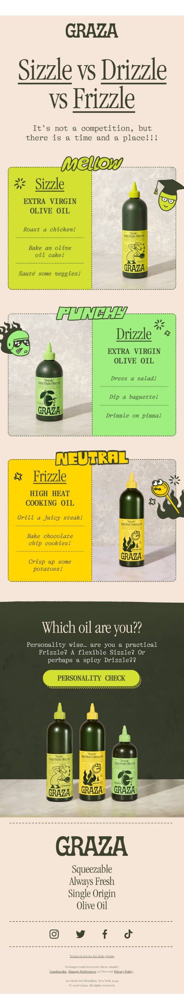 Sizzle, Drizzle, or Frizzle?? email from Graza screenshot