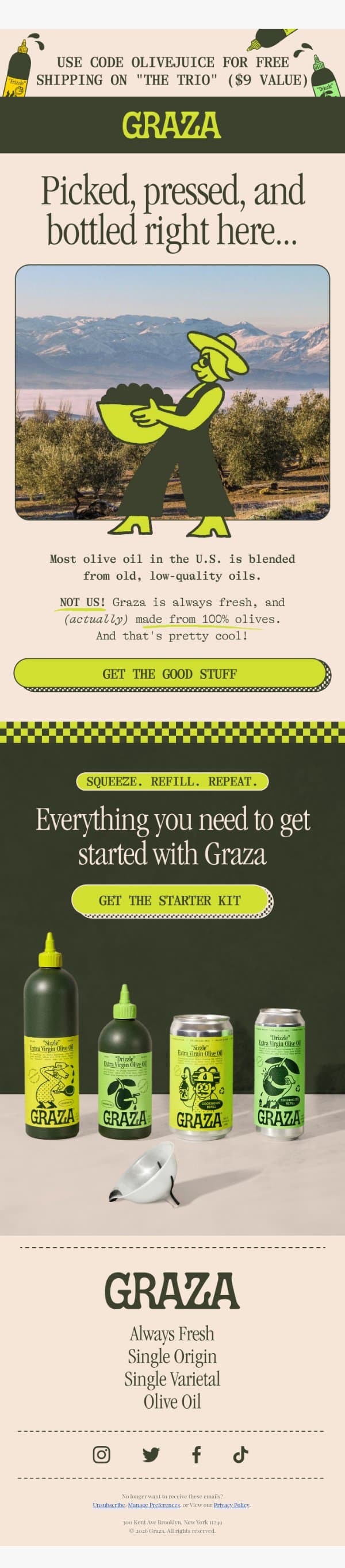 Olive oil or olive juice?? email from Graza screenshot
