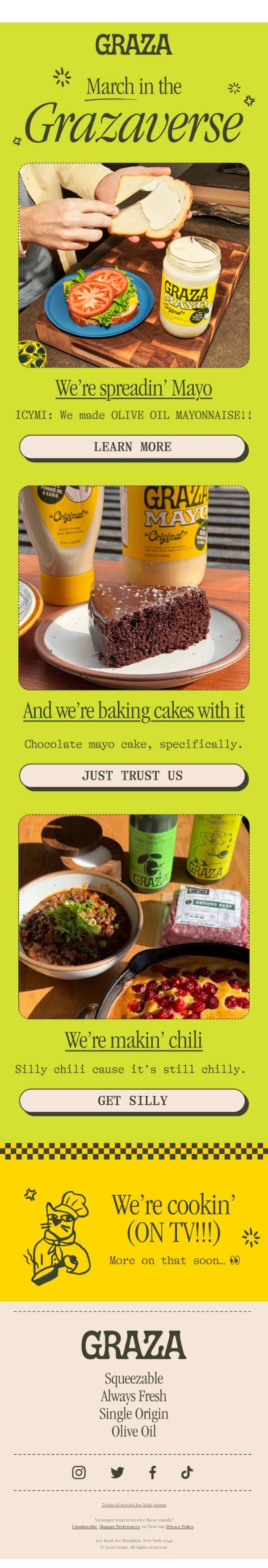 Bakin’ cakes & makin’ chili!!! email from Graza screenshot