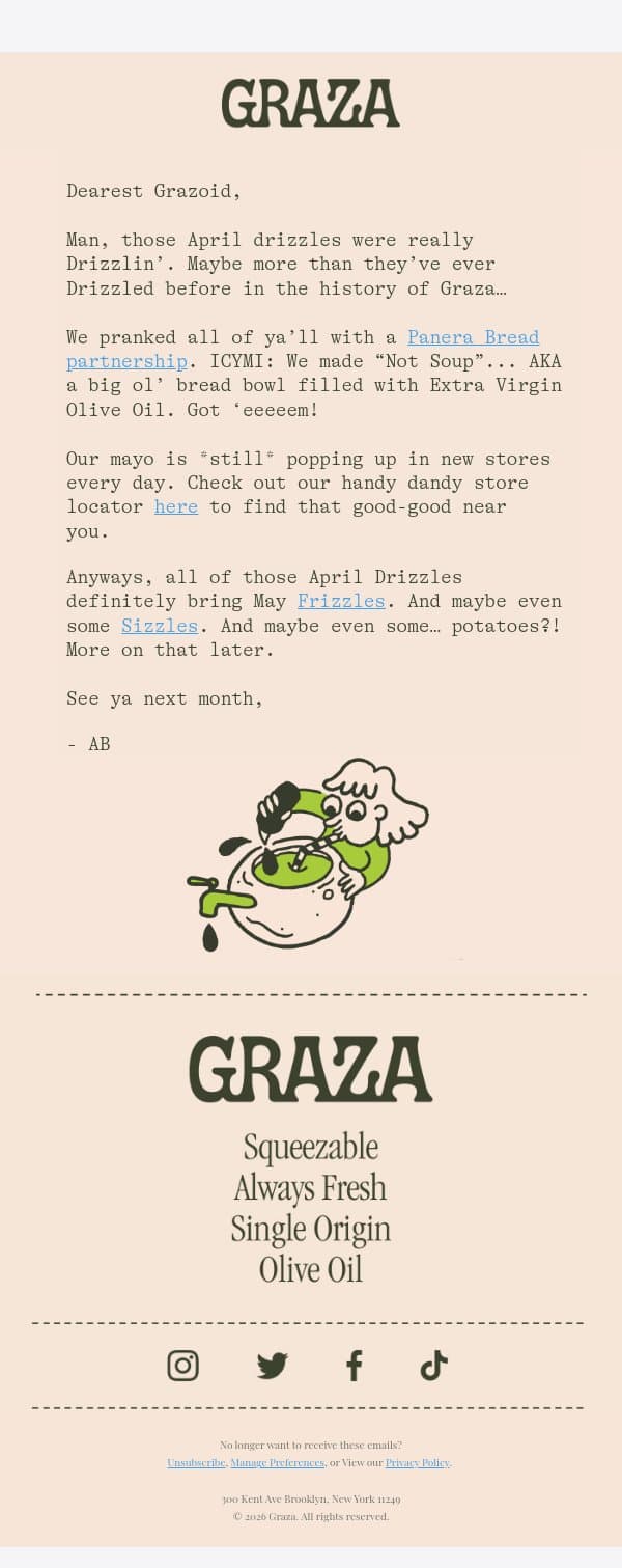 April Drizzles bring May Frizzles!!! email from Graza screenshot