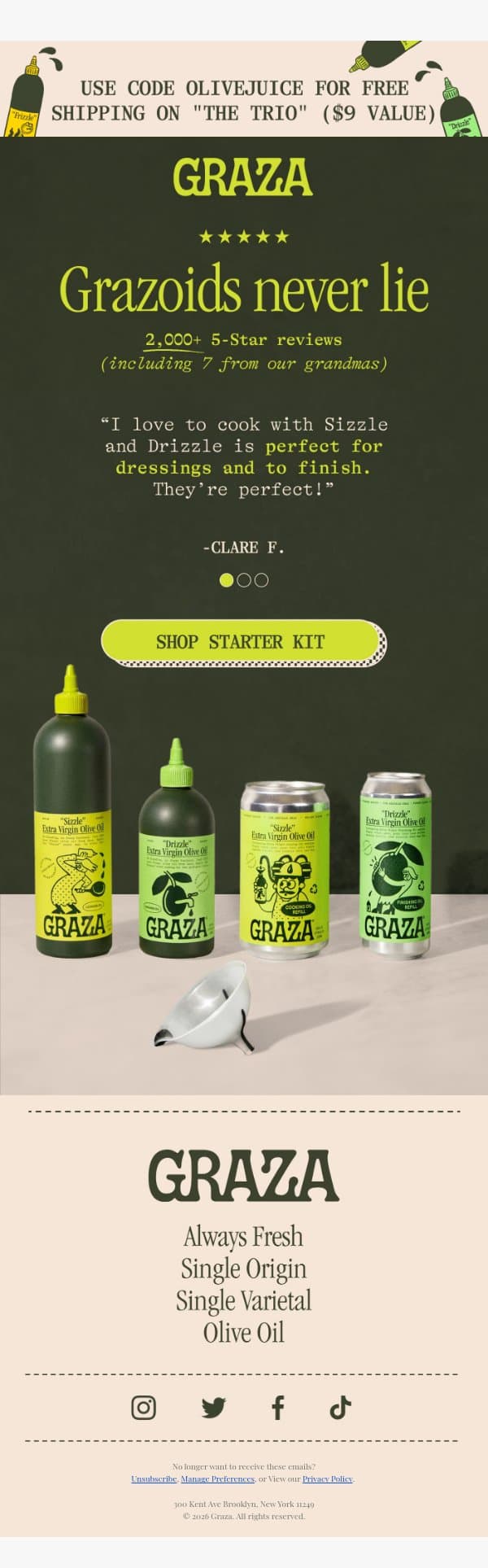 Over 2,000 5-star reviews!!! email from Graza screenshot