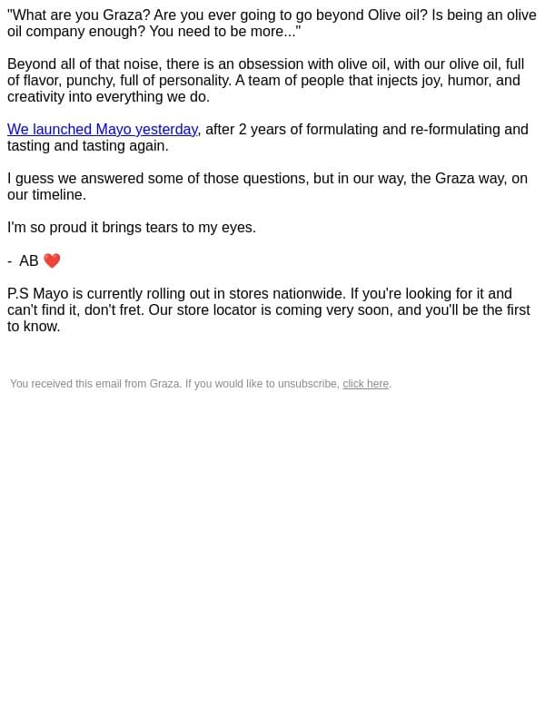 Mayo is here 🥲 email from Graza screenshot