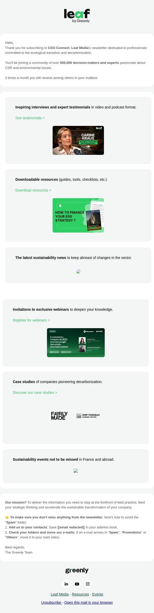 Welcome to CSO Connect - The reference newsletter for CSR experts email from Greenly screenshot