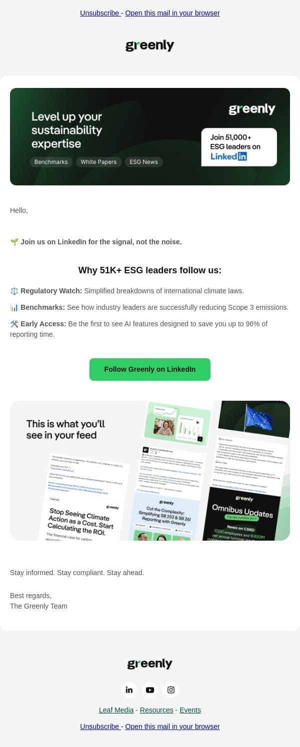 Why 51 000+ ESG leaders follow Greenly on LinkedIn email from Greenly screenshot