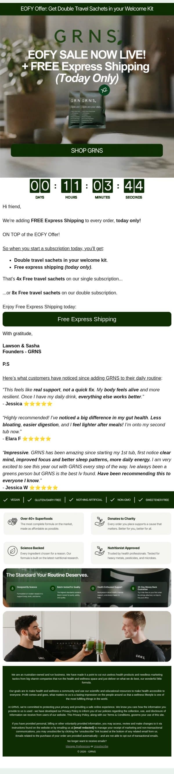 NEW: FREE Express Shipping (Today Only) email from GRNS screenshot