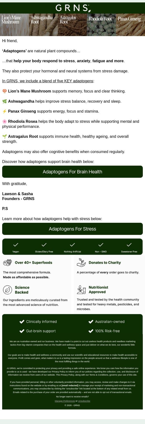 ‘Adaptogens’ what the hell are they? email from GRNS screenshot