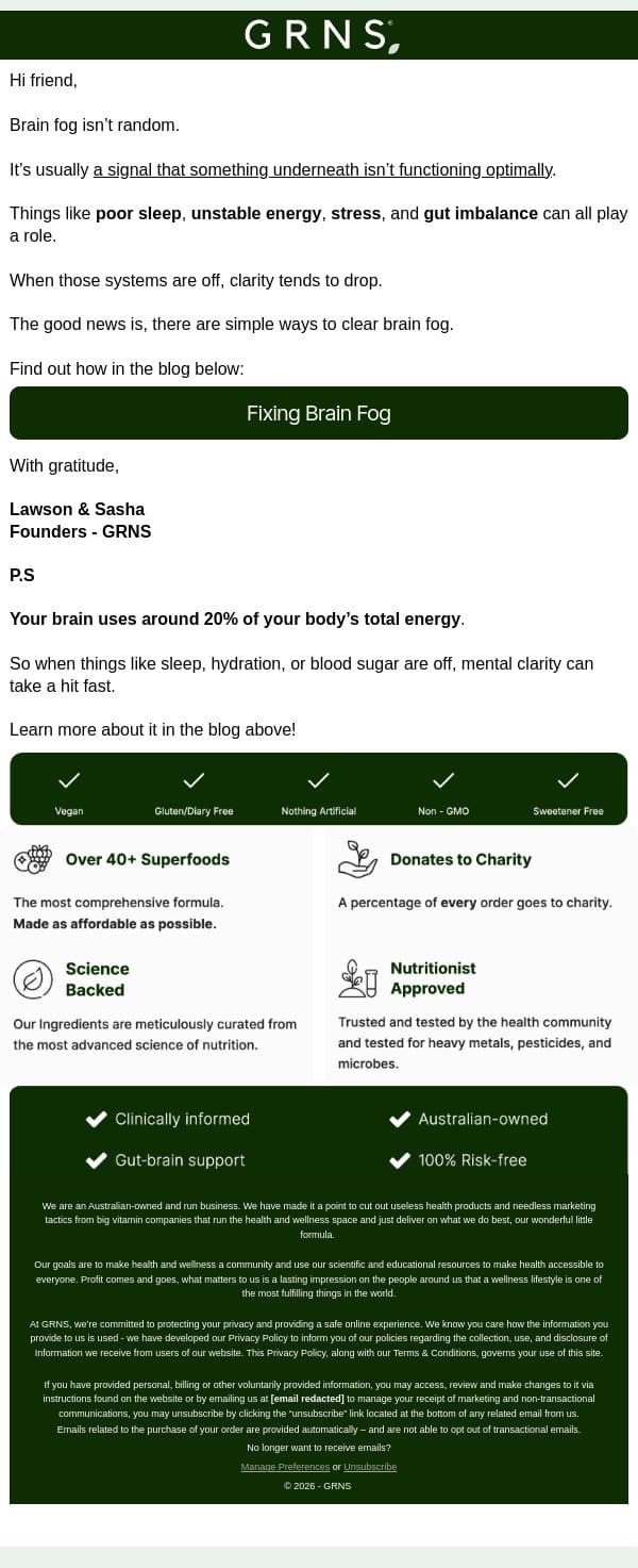 How To Fix Brain Fog email from GRNS screenshot