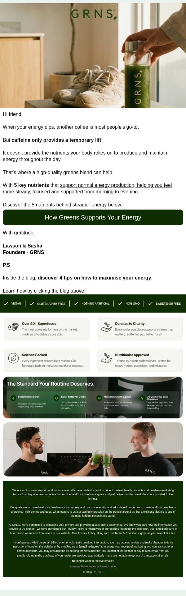 TOP 5 nutrients for steady energy (NOT CAFFEINE) email from GRNS screenshot