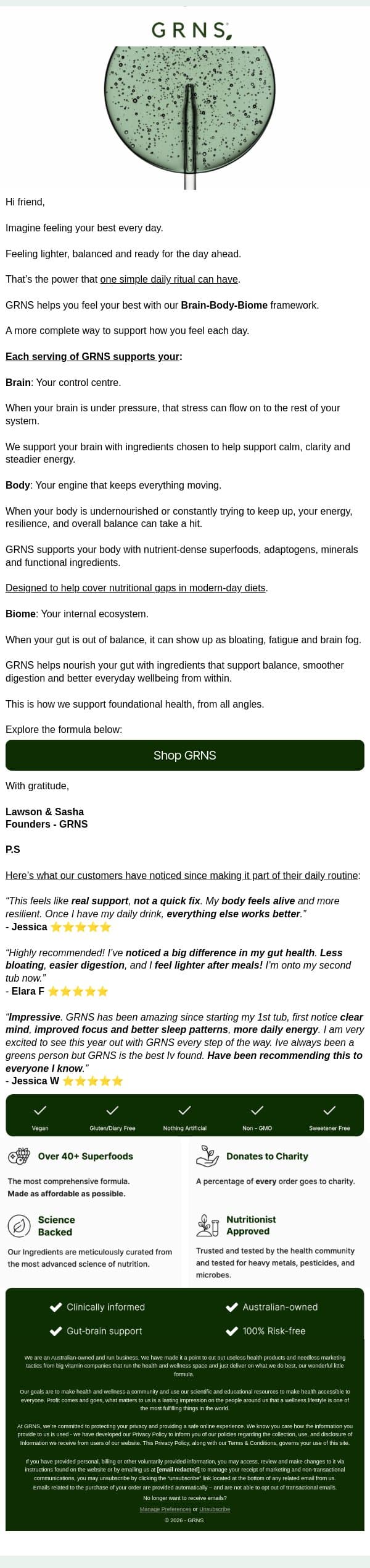 BRAIN | BODY | BIOME email from GRNS screenshot